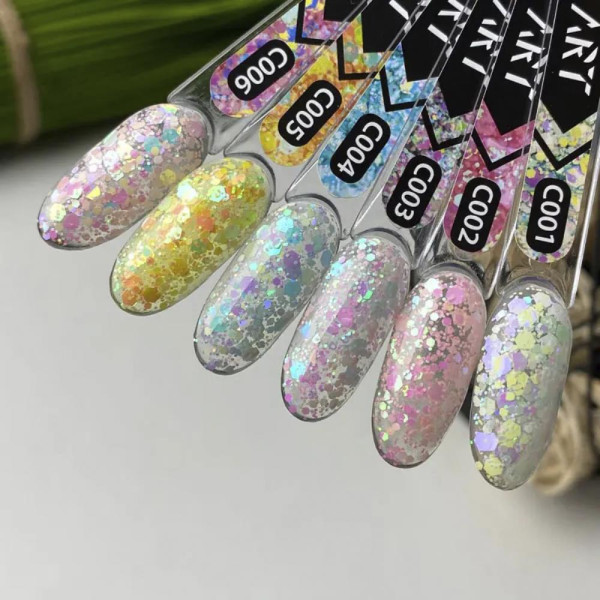 Гель-лак на прозорій основі ART Confetti №C004, з фіолетово-блакитними конфетті, 6 мл