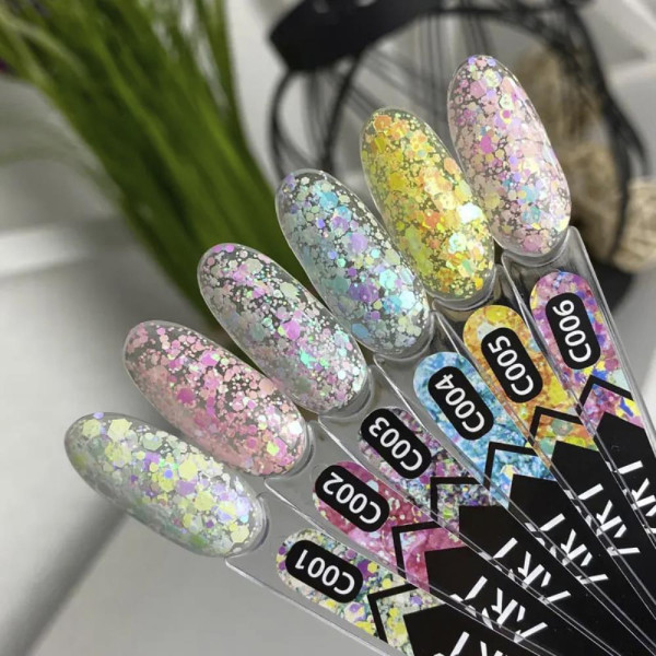 Гель-лак на прозорій основі ART Confetti №C004, з фіолетово-блакитними конфетті, 6 мл