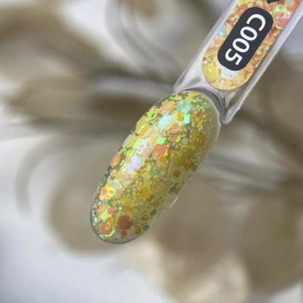 Гель-лак на прозорій основі ART Confetti №C005, з жовто-жовтогарячими конфетті, 6 мл