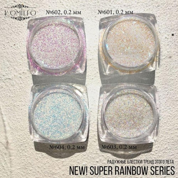 Komilfo Super Rainbow Series №604 - блискітки, розмір 0,2 мм, білий із жовто-блакитним відливом, 2.