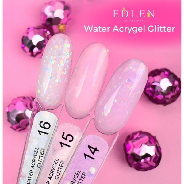 Edlen Water Acrygel Glitter №14 - рідкий акрил-гель, ліловий з різнокольоровими каміфубуками, 9 мл