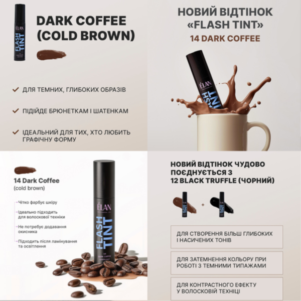 ELAN Flash Tint 14 Dark Coffee - краска прямого окрашивания бровей, холодный коричневый, 10 мл