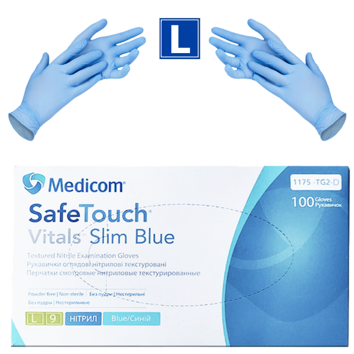 Рукавички нітрилові Medicom SafeTouch Advanced Slim Blue - 50 пар, розмір L (без пудри) сині, 3.5 г