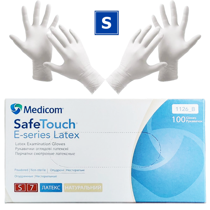 Рукавички латексні Medicom Safe-Touch E-Series упаковка - 50 пар, розмір S (припудрені) білі