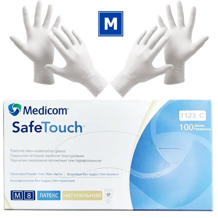 Рукавички латексні Medicom Safe-Touch E-Series упаковка - 50 пар, розмір M (припудрені) білі
