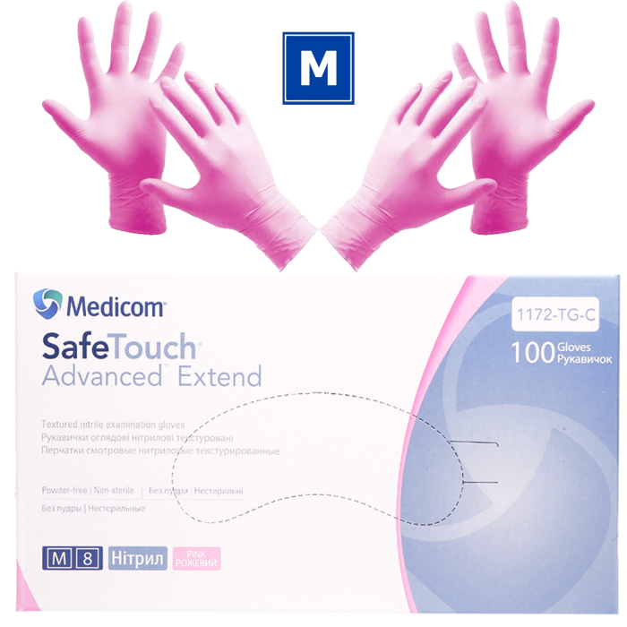 Рукавички нітрилові Medicom SafeTouch Advanced Extend - 50 пар, розмір M (без пудри) рожеві, 3.6 г