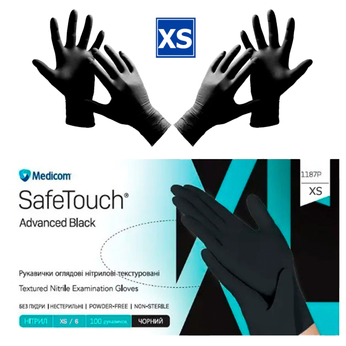 Рукавички нітрилові Medicom SafeTouch Advanced Black - 50 пар, розмір XS (без пудри) чорні, 3.5 г