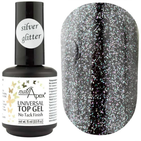 Nailapex Silver Glitter Top - топ із сріблястим шиммером без липкого шару, 15 мл