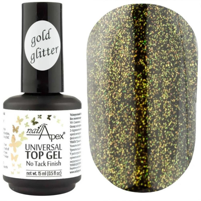 Nailapex Gold Glitter Top - топ с золотистым шиммером без липкого слоя, 15 мл