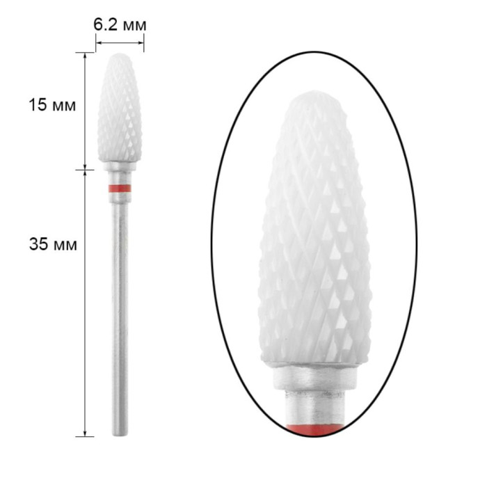 Фреза керамічна - кукурудза F 3/32" Torch Cylinder (F) діаметр 6,2 мм, робоча частина 15 мм,червона