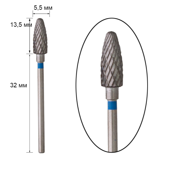 Фреза твердосплавна - куля M 3/32" Bullet, діаметр 5.5 мм, робоча частина 13.5 мм, синя