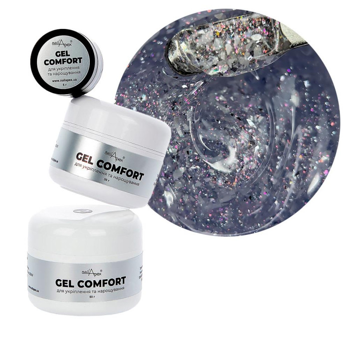 Nailapex Comfort Gel №15 - гель моделирующий без опила, прозрачный с шиммером и поталью, 30 г