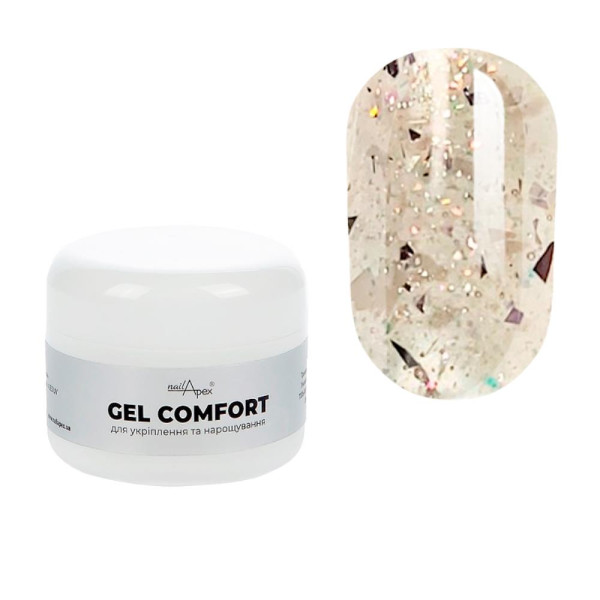 Nailapex Comfort Gel №15 - гель моделирующий без опила, прозрачный с шиммером и поталью, 30 г