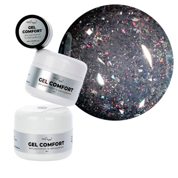 Nailapex Comfort Gel №15 - гель моделирующий без опила, прозрачный с шиммером и поталью, 30 г