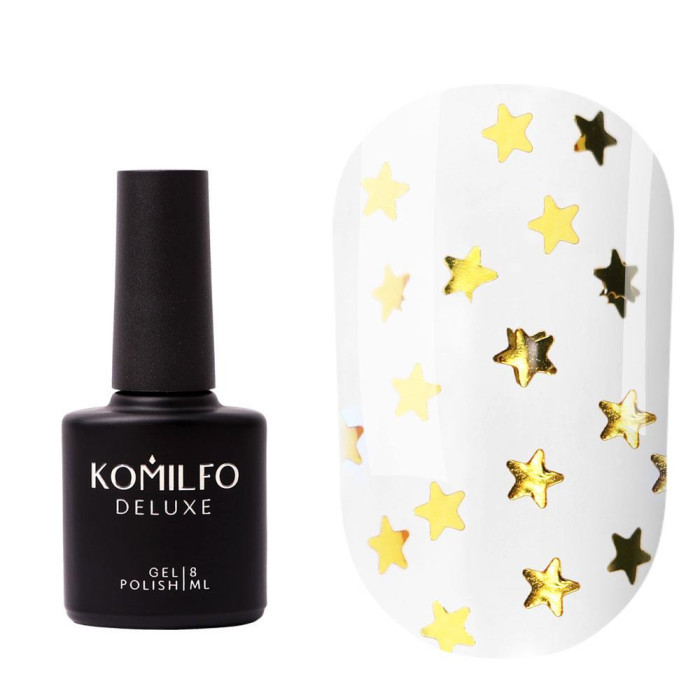 Komilfo No Wipe Star Nails Gold Top - топ без липкого шару з УФ-фільтрами, (золоті зірочки), 8 мл