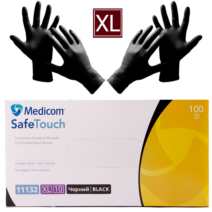 Рукавички вінілові Medicom SafeTouch упаковка - 50 пар, розмір XL (без пудри) чорні