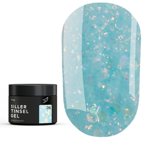 Siller Tinsel Gel №06 - гель камуфлюючий, бірюзовий з голографічними блискітками, 15 мл (банка)