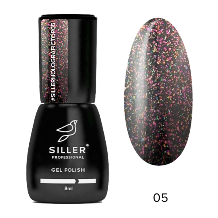 Siller Shine Holographic Top No Wipe №5 - топ прозорий з рожево-зеленим шиммером, 8 мл