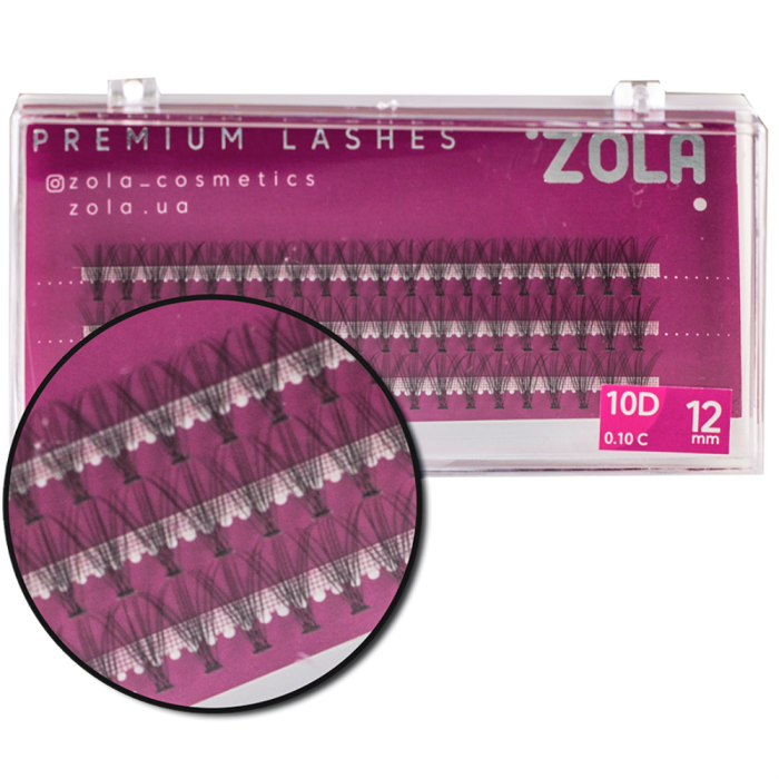 Ресницы пучковые ZOLA 10D 12 мм, 0.10 C, 60 пучков, черные