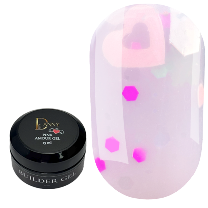 DANNY Amour Gel Pink - гель для зміцнення та дизайну з рожевими блискітками, 15 мл