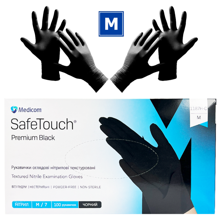 Рукавички нітрилові Medicom SafeTouch Premium Black - 50 пар, розмір M (без пудри) чорні, 5 г