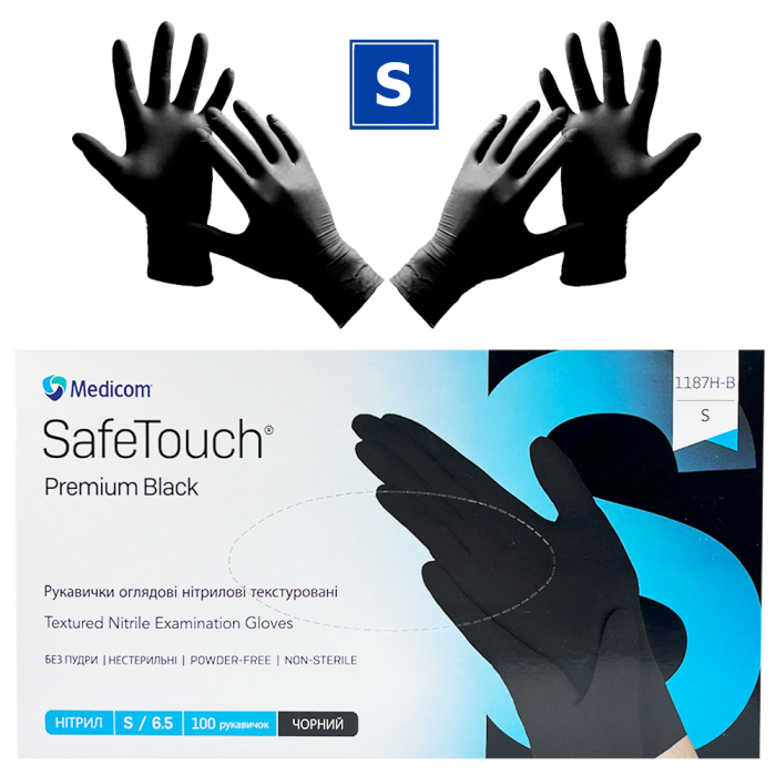 Рукавички нітрилові Medicom SafeTouch Premium Black - 50 пар, розмір S (без пудри) чорні, 5 г