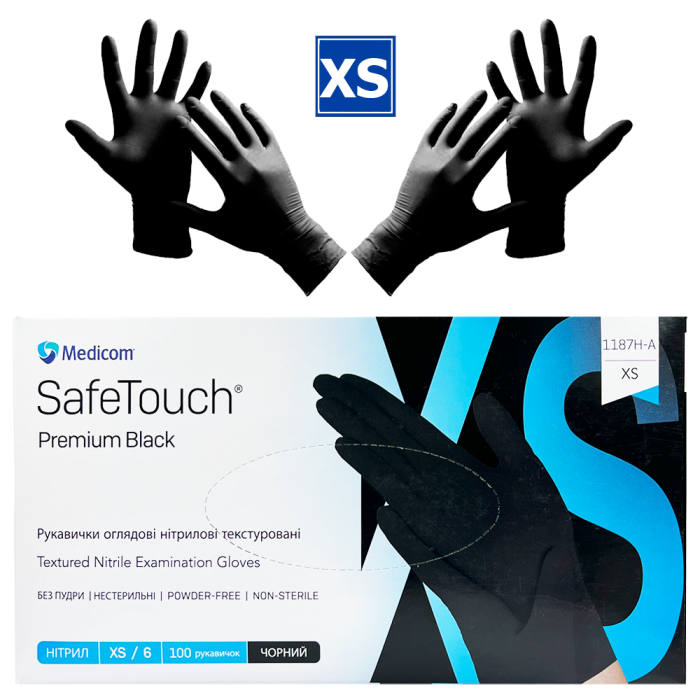 Рукавички нітрилові Medicom SafeTouch Premium Black - 50 пар, розмір XS (без пудри) чорні, 5 г