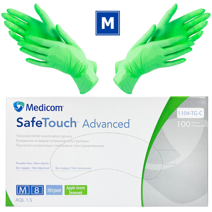 Рукавички нітрилові Medicom SafeTouch Advanced Green - 50 пар, розмір M (без пудри), зелені, 3.5 г