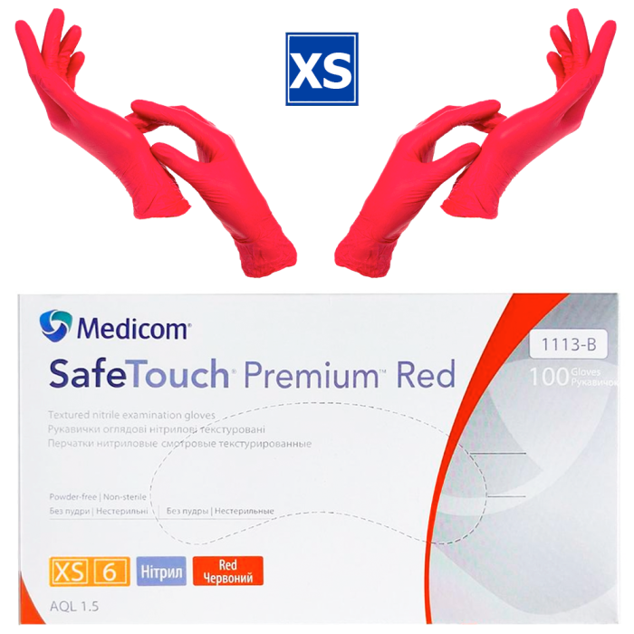 Рукавички нітрилові Medicom SafeTouch Premium Red - 50 пар, розмір XS (без пудри), червоні, 4.2 г