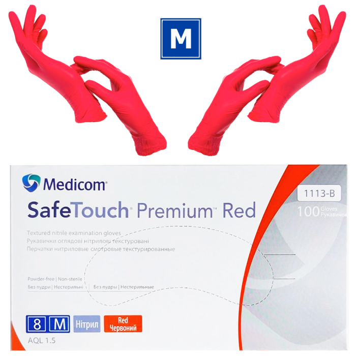 Рукавички нітрилові Medicom SafeTouch Premium Red - 50 пар, розмір M (без пудри), червоні, 4.2 г