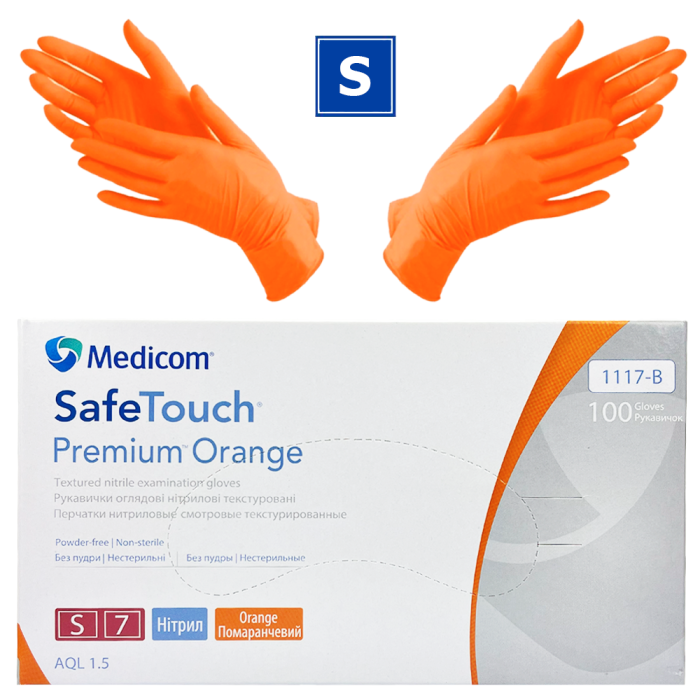 Рукавички нітрилові Medicom SafeTouch Premium Orange - 50 пар, розмір S (без пудри), помаранчеві,5 г