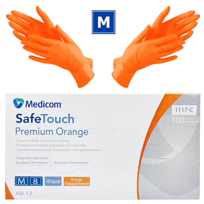 Рукавички нітрилові Medicom SafeTouch Premium Orange - 50 пар, розмір M (без пудри), помаранчеві,5 г