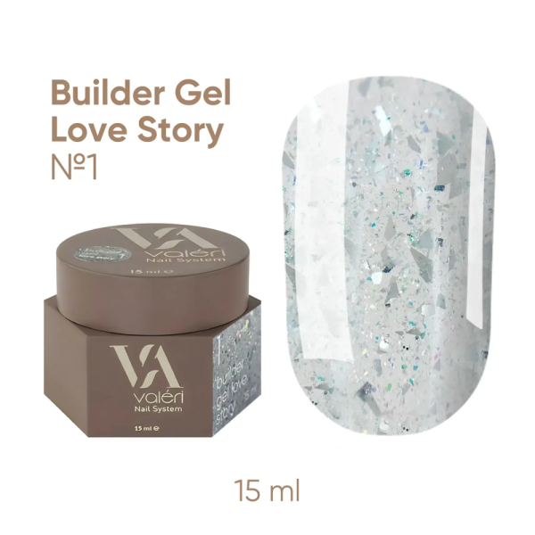 Гель для нарощування Valeri Builder Gel Love Story New №01, прозорий з поталлю, 15 мл