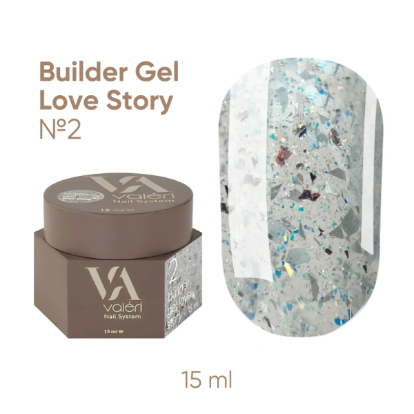 Гель для наращивания Valeri Builder Gel Love Story New №02, прозрачный с поталью, 15 мл