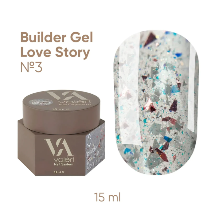 Гель для нарощування Valeri Builder Gel Love Story New №03, прозорий з поталлю, 15 мл