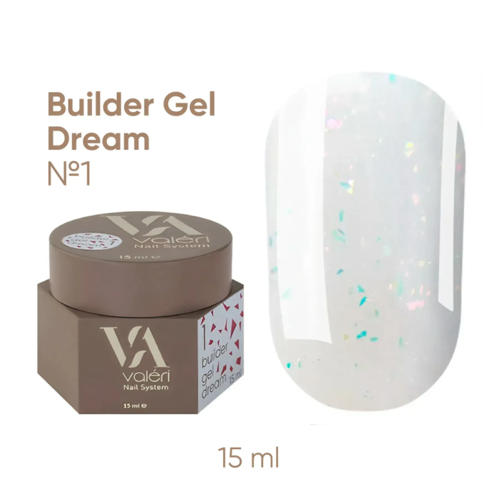 Гель для наращивания Valeri Builder Gel Dream New №01, молочный с бирюзовой поталью, 15 мл