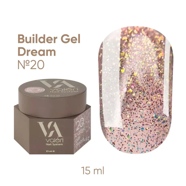 Гель для наращивания Valeri Builder Gel Dream New №20, розовое золото со слюдой, 15 мл