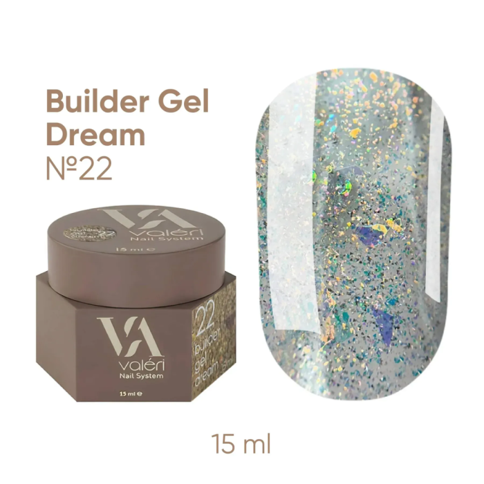 Гель для нарощування Valeri Builder Gel Dream New №22, прозорий з різнобарвною слюдою, 15 мл