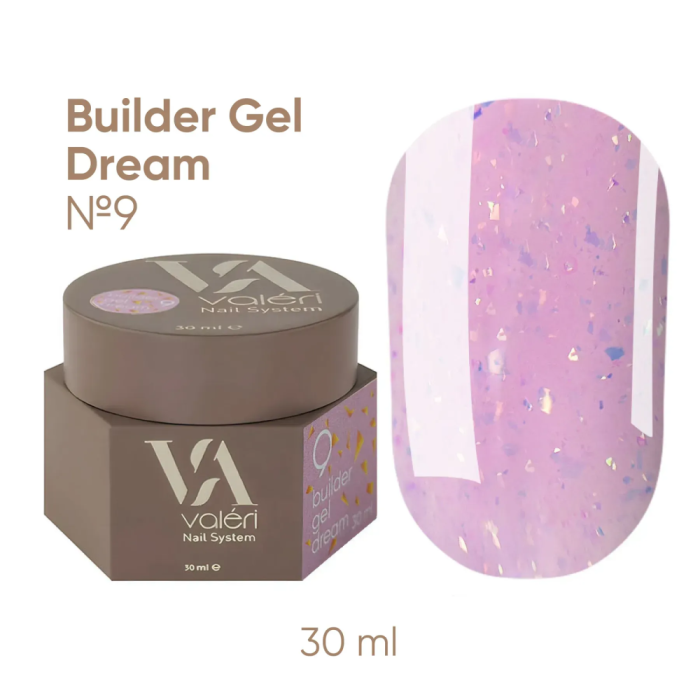 Гель для нарощування Valeri Builder Gel Dream New №09, яскраво-рожевий з голографічною поталлю,30 мл