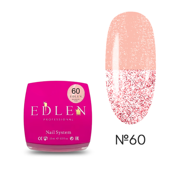 Гель для нарощування Edlen Builder Gel Flash №60, світловідбиваючий пудрово-рожевий, 15 мл
