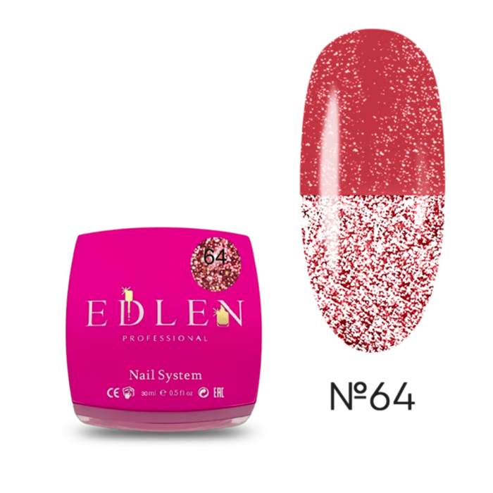 Гель для нарощування Edlen Builder Gel Flash №64, світловідбивний яскраво-червоний, 30 мл