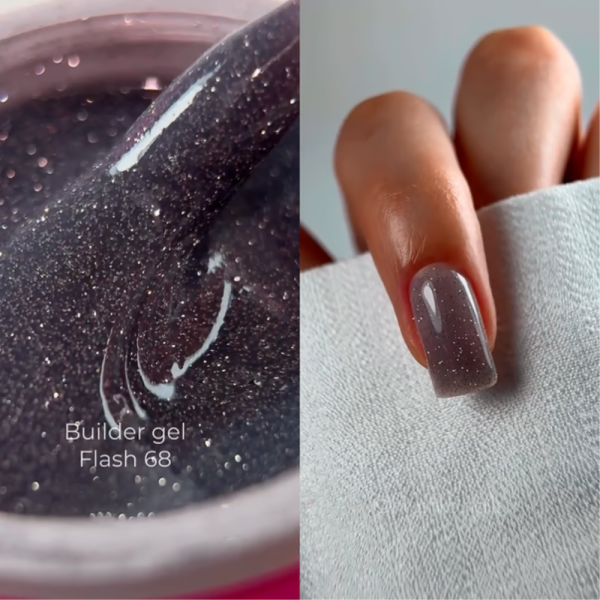Гель для нарощування Edlen Builder Gel Flash №68, світловідбиваючий темно-сірий, 30 мл