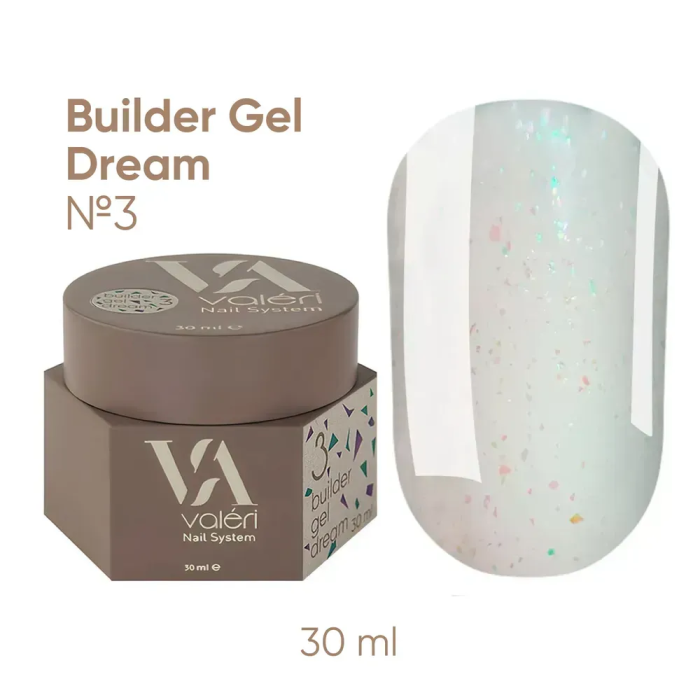 Гель для наращивания Valeri Builder Gel Dream New №03, полупрозрачный с бирюзовой поталью, 30 мл