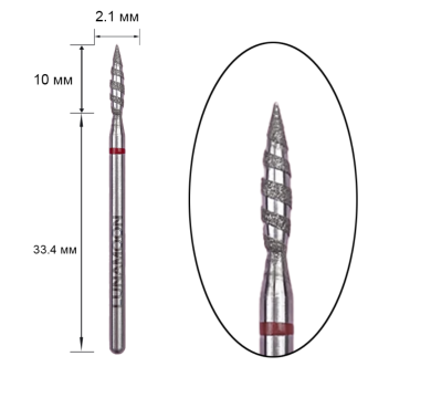Фреза алмазна LUNA - полум'я торнадо, діаметр 2.1 мм, робоча частина 10 мм, червона