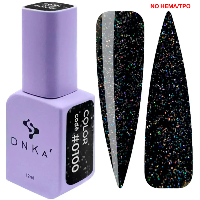 Гель-лак DNKa Gel Polish Color New Formula #0100, чорний з різнокольоровими блискітками, 12 мл