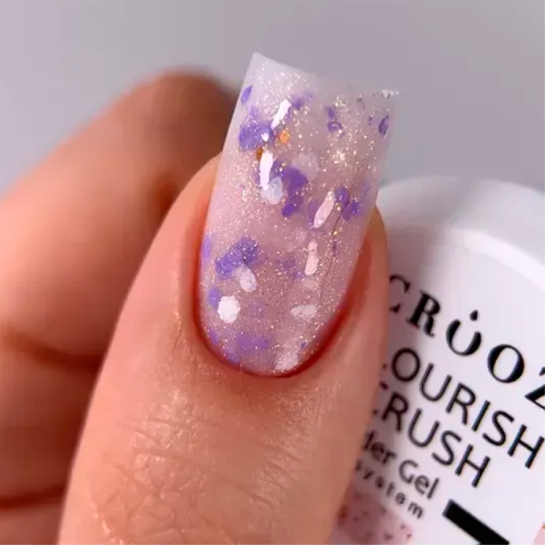 Гель для нарощування Crooz Flourish Crush Builder Gel №07, бежевий з ліловими частинками, 15 мл