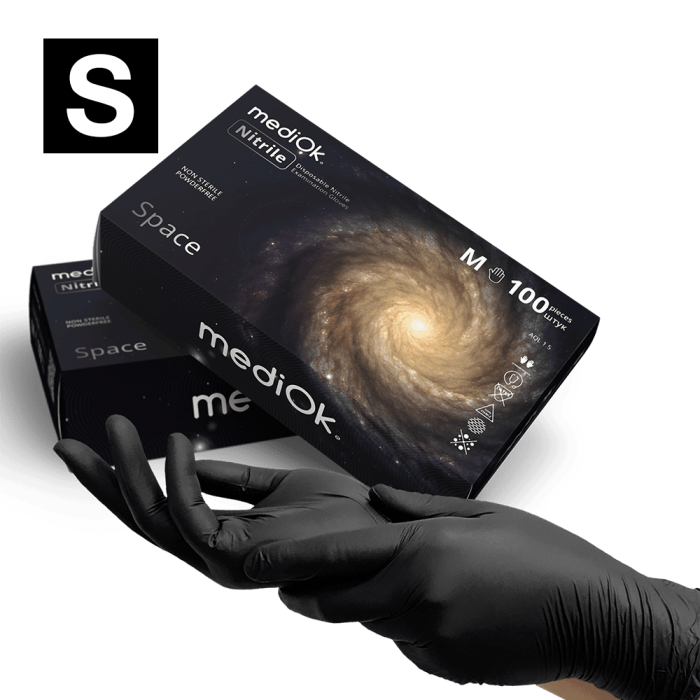 Рукавички нітрилові MediOk Space - 50 пар, розмір S (без пудрі), чорні, 3,5 г