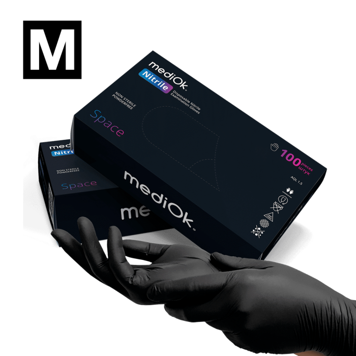 Рукавички нітрилові MediOk Space - 50 пар, розмір M (без пудрі), чорні, 3,5 г