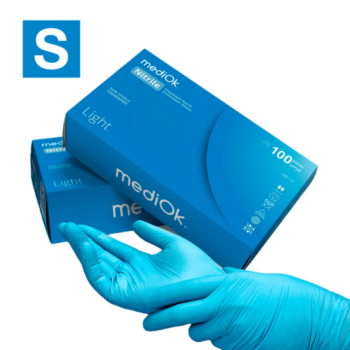 Рукавички нітрилові MediOk Light - 50 пар, розмір S (без пудрі) блакитні, 2,5 г
