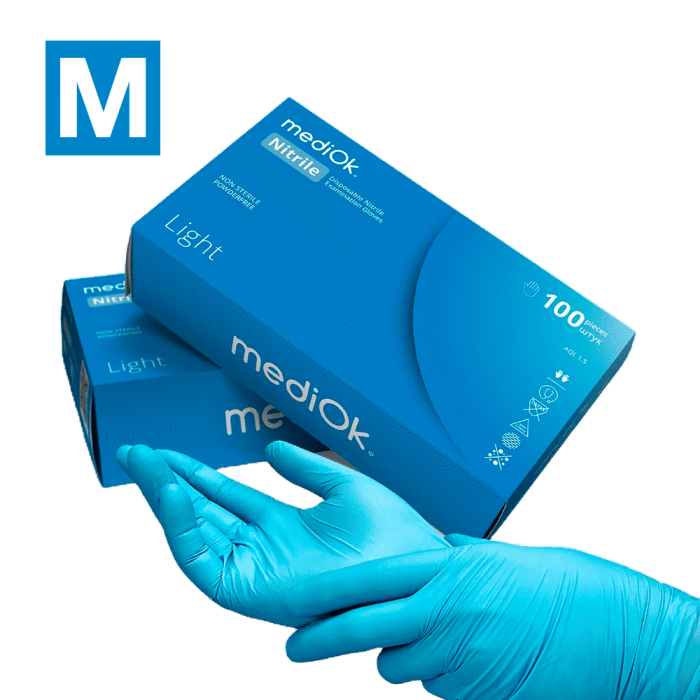 Рукавички нітрилові MediOk Light - 50 пар, розмір M (без пудрі) блакитні, 2,5 г